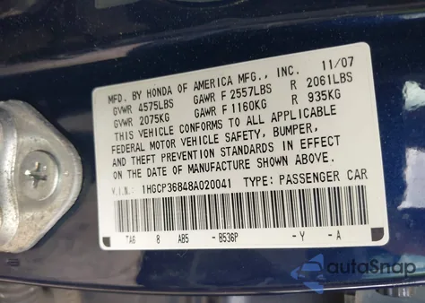 2008 Honda Accord 3.5 Ex-L z USA, uszkodzony, nr VIN 1HGCP36848A020041